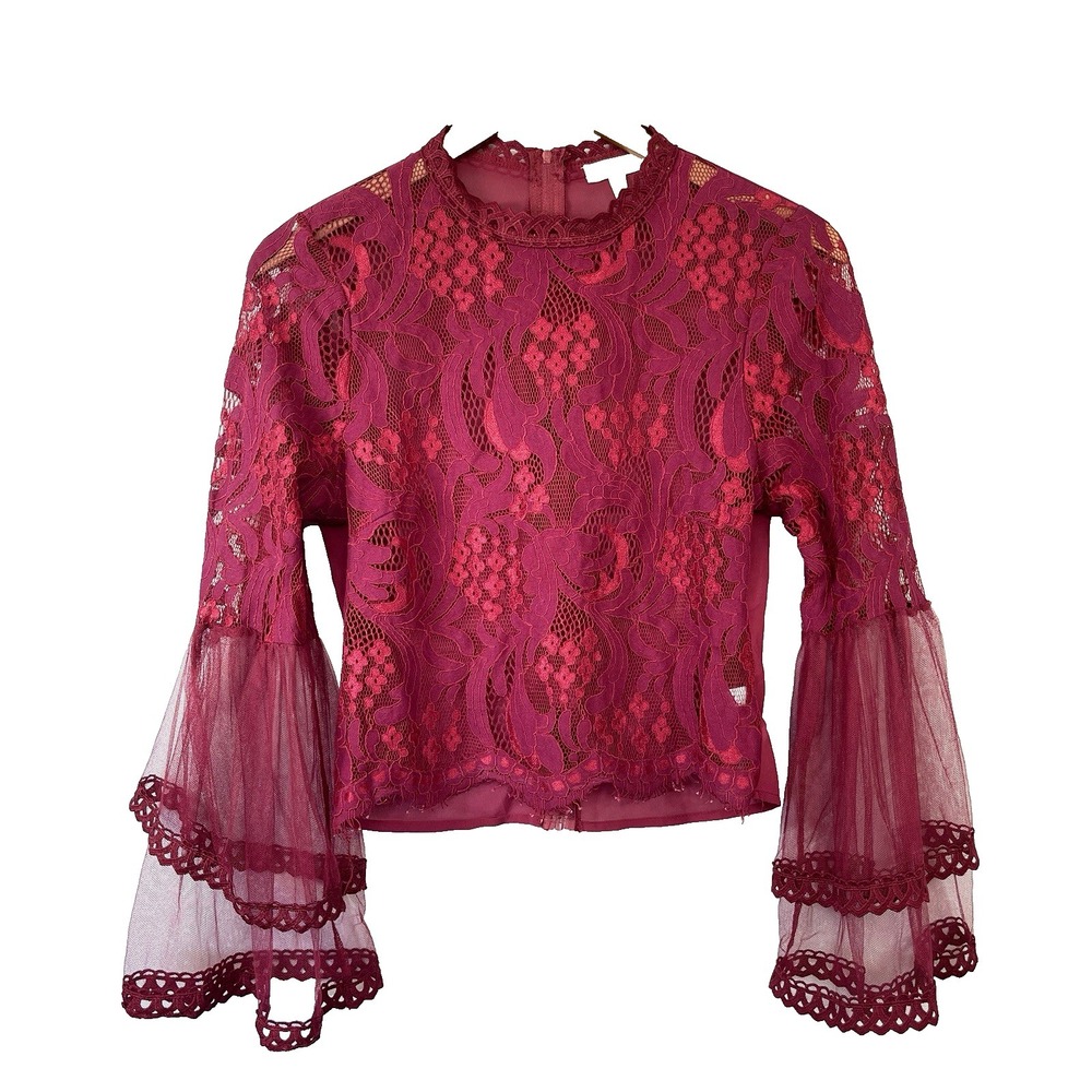 Womens Whimsigoth Lace Sheer Bell Sleeve Top Sz L Raspberry Fairycore Victorian